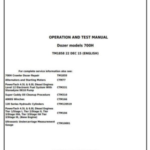 John Deere 700H Crawler Dozer Diagnostic Operation Test Manual TM1858