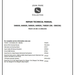 John Deere 540G-III 640G-III 548G-III 648G-III 748G-III Skidder Repair Technical Manual TM1871