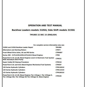 John Deere 310SG 315SG Side Shift Backhoe Loaders Diagnostic Operation Test Manual TM1883