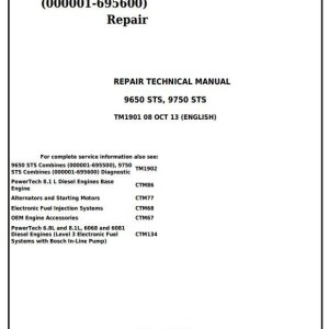 John Deere 9650 STS 9750 STS Combine Repair Technical Manual TM1901