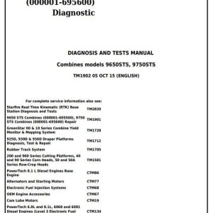 John Deere 9650 STS 9750 STS Combine Diagnosis Test Manual TM1902