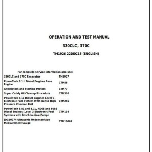 John Deere 330CLC 370C Excavator Operation Test Manual TM1926