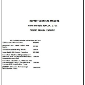 John Deere 330CLC 370C Excavator Repair Technical Manual TM1927