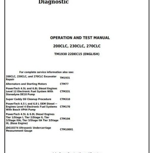John Deere 200CLC 230CLC 270CLC Excavator Diagnostic Operation Test Manual TM1930