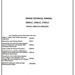John Deere 200CLC 230CLC 270CLC Excavator Repair Technical Manual TM1931