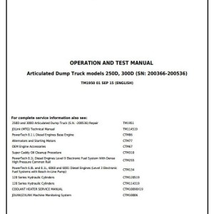 John Deere 250D 300D Articulated Dump Truck Operation Test Manual TM1950