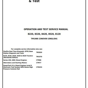 John Deere 8120 8220 8320 8420 8520 Tractor Operation Test Service Manual TM1980