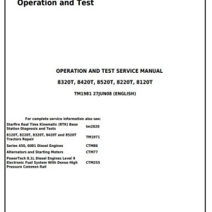 John Deere 8120T 8220T 8320T 8420T 8520T Tractor Operation Test Service Manual TM1981