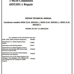 John Deere 9450 9550 9650 Combine Repair Technical Manual TM2001