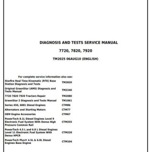 John Deere 7720 7820 7920 Tractor Operation Diagnosis Test Service Manual TM2025