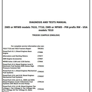 John Deere 7610 7710 7810 USA Tractor Operation Diagnosis Test Manual TM2030