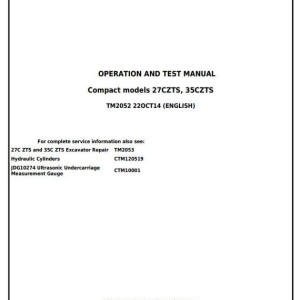 John Deere 27CZTS 35CZTS Excavator Diagnostic Operation Test Manual TM2052