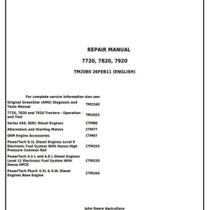John Deere 7720 7820 7920 Tractor Repair Manual TM2080