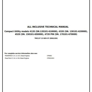 John Deere 4120 4320 4520 4720 Compact Utility Tractor without Cab Diagnostic Repair Technical Manual TM2137