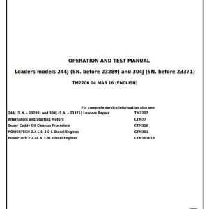 John Deere 244J 304J Compact Loader Diagnostic Operation Test Manual TM2206