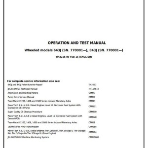 John Deere 643J 843J Wheeled Feller Buncher Diagnostic Operation Test Manual TM2216
