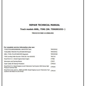 John Deere 759G 608L Leveling Tracked Feller Buncher Repair Technical Manual TM2219