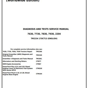 John Deere 7630 7730 7830 7930 2204 Tractor Diagnosis Test Service Manual TM2234