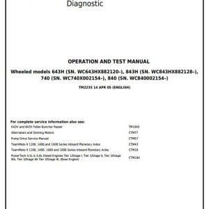 John Deere 643H 843H 740 840 Feller Buncher Diagnostic Operation Test Manual TM2235