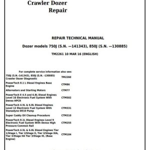 John Deere 750J 850J Crawler Dozer Repair Technical Manual TM2261