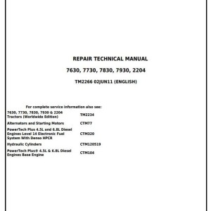 John Deere 7630 7730 7830 7930 2204 2WD MFWD Tractor Repair Technical Manual TM2266