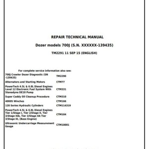 John Deere 700J Crawler Dozer Repair Technical Manual TM22