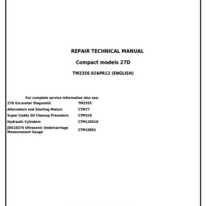 John Deere 27D Excavator Repair Technical Manual TM2356