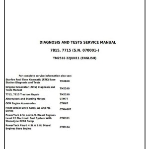 John Deere 7715 7815 Tractor Diagnosis Test Service Manual TM2516