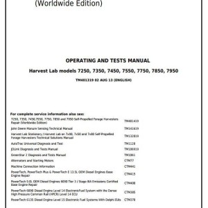 John Deere 7250 to 7950 Self-Propelled Forage Harvester Diagnostic Operating Test Manual TM401319