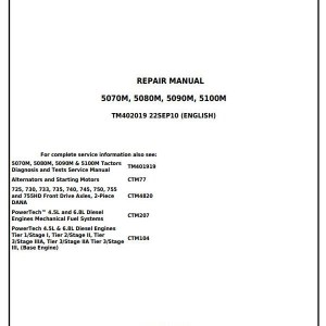 John Deere 5070M 5080M 5090M 5100M Tractor Repair Manual TM402019