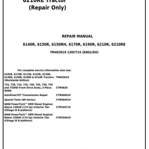 John Deere 6140R 6150R 6150RH 6170R 6190R 6210R 6210RE Tractor Repair Manual TM403919