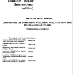 John Deere W540 to W660, T550 to T670 Combine Repair Technical Manual TM404219