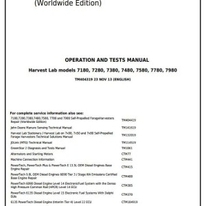 John Deere 7180 to 7980 Self-Propelled Forage Harvester Diagnostic Operation Test Manual TM404319