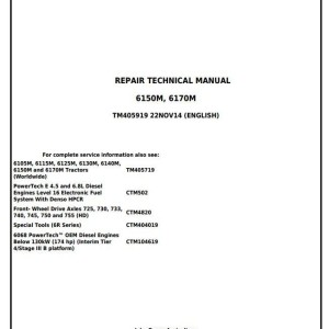 John Deere 6150M 6170M 2WD MFWD Tractor Repair Technical Manual TM405919