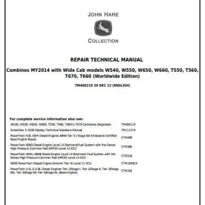 John Deere W540 to W660, T550 to T670 Combine Repair Technical Manual TM406219