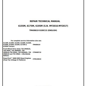 John Deere 6145M 6155M 6175M 6195M Tractor Repair Technical Manual TM408619