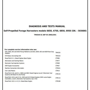 John Deere 6650 6750 6850 6950 Self-Propelled Forage Harvester Diagnosis Test Manual TM4549