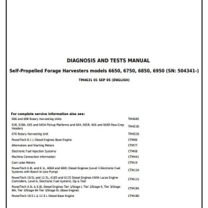 John Deere 6650 6750 6850 6950 Self-Propelled Forage Harvester Diagnosis Test Manual TM4631