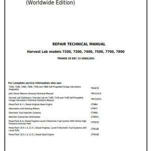 John Deere 7200 7300 7400 7500 7700 7800 Self-Propelled Forage Harvester Repair Technical Manual TM4668