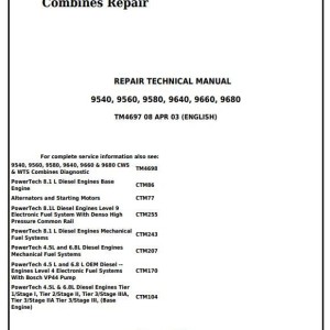 John Deere 9540 9560 9580 9640 9660 9680 CWS WTS Combine Repair Technical Manual TM4697