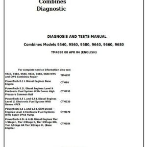 John Deere 9540 9560 9580 9640 9660 9680 CWS WTS Combine Diagnosis Test Manual TM4698