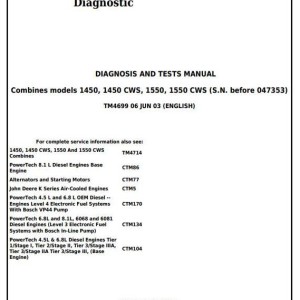 John Deere 1450 1450CWS 1550 1550CWS Combine Diagnosis Test Manual TM4699