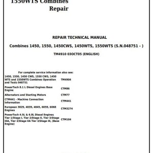 John Deere 1450 1550 1450CWS 1550CWS 1450WTS 1550WTS Combine Repair Technical Manual TM4910