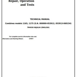 John Deere 1165 1175 5.9L 6.8L Combine Repair Operation Test Technical Manual TM4930