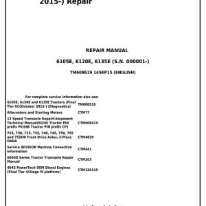 John Deere 6105E 6120E 6135E Tractor Repair Manual TM608619