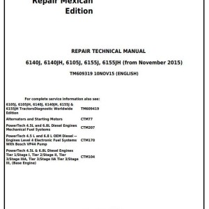 John Deere 6105J 6140J 6140JH 6155J 6155JH Tractor Repair Technical Manual TM609319