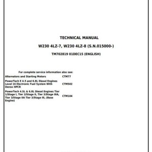 John Deere W230 4LZ-7 4LZ-8 Combine Diagnostic Repair Manual TM702819