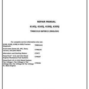 John Deere 6145J 6165J 6180J 6205J Tractor Repair Manual TM801519
