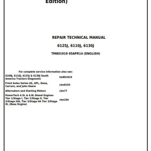 John Deere 6110J 6125J 6130J Tractor Repair Technical Manual TM801919