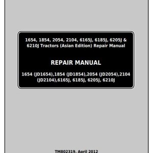 John Deere 6165J(6J-1654) to 6210J(6J-2104) Tractor Repair Manual TM802319